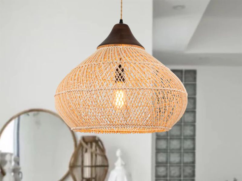 Wicker Pendant Light with Wooden Accents